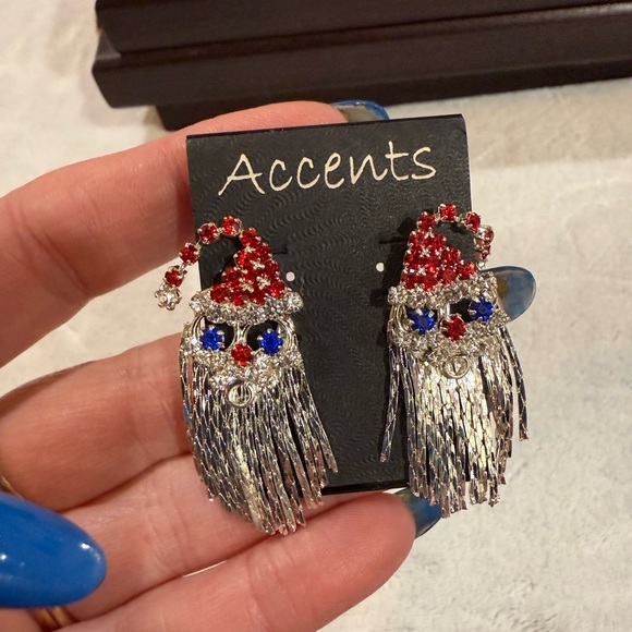 Accents Santa earrings rhinestone face hat chain beard silver-tone, New - Picture 2 of 6